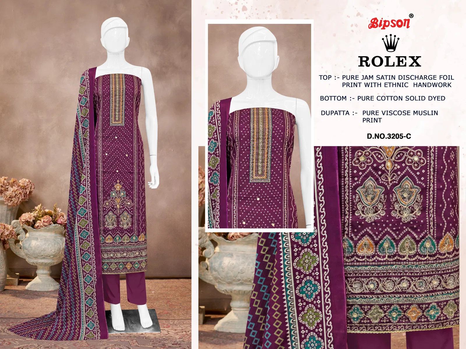 Rolex 3205 By Bipson Jam Satin Printed Dress Material Wholesale In India